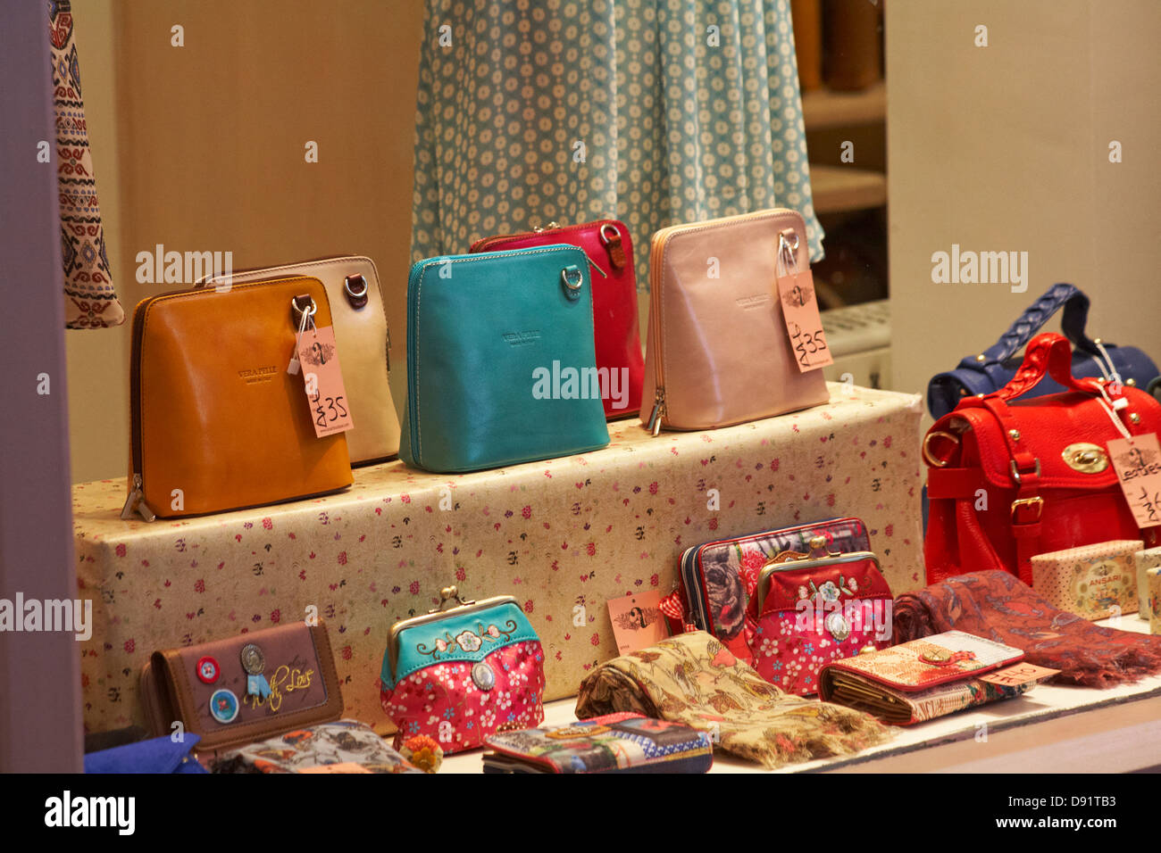 handbags in shop at Oxford indoor market at Oxford, Oxfordshire UK in May Stock Photo
