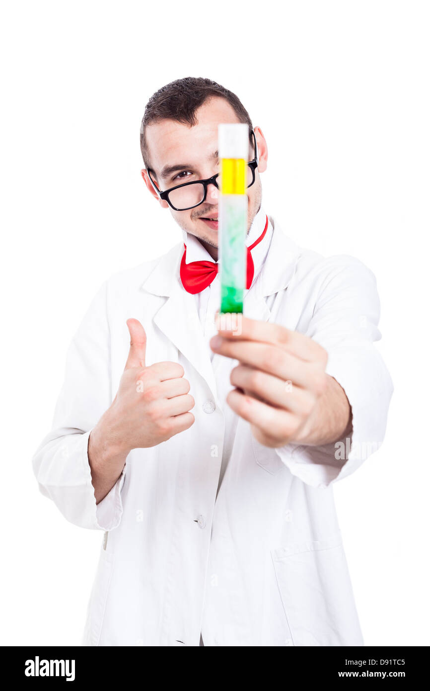 Happy scientist in lab coat holding test tube and showing thumb up, isolated on white background Stock Photo