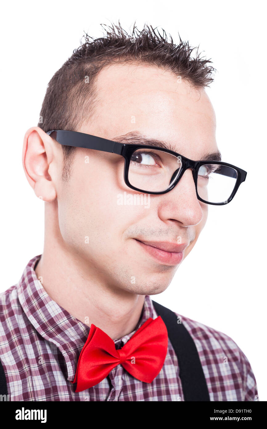 Closeup of nerd man smiling, isolated on white background Stock Photo