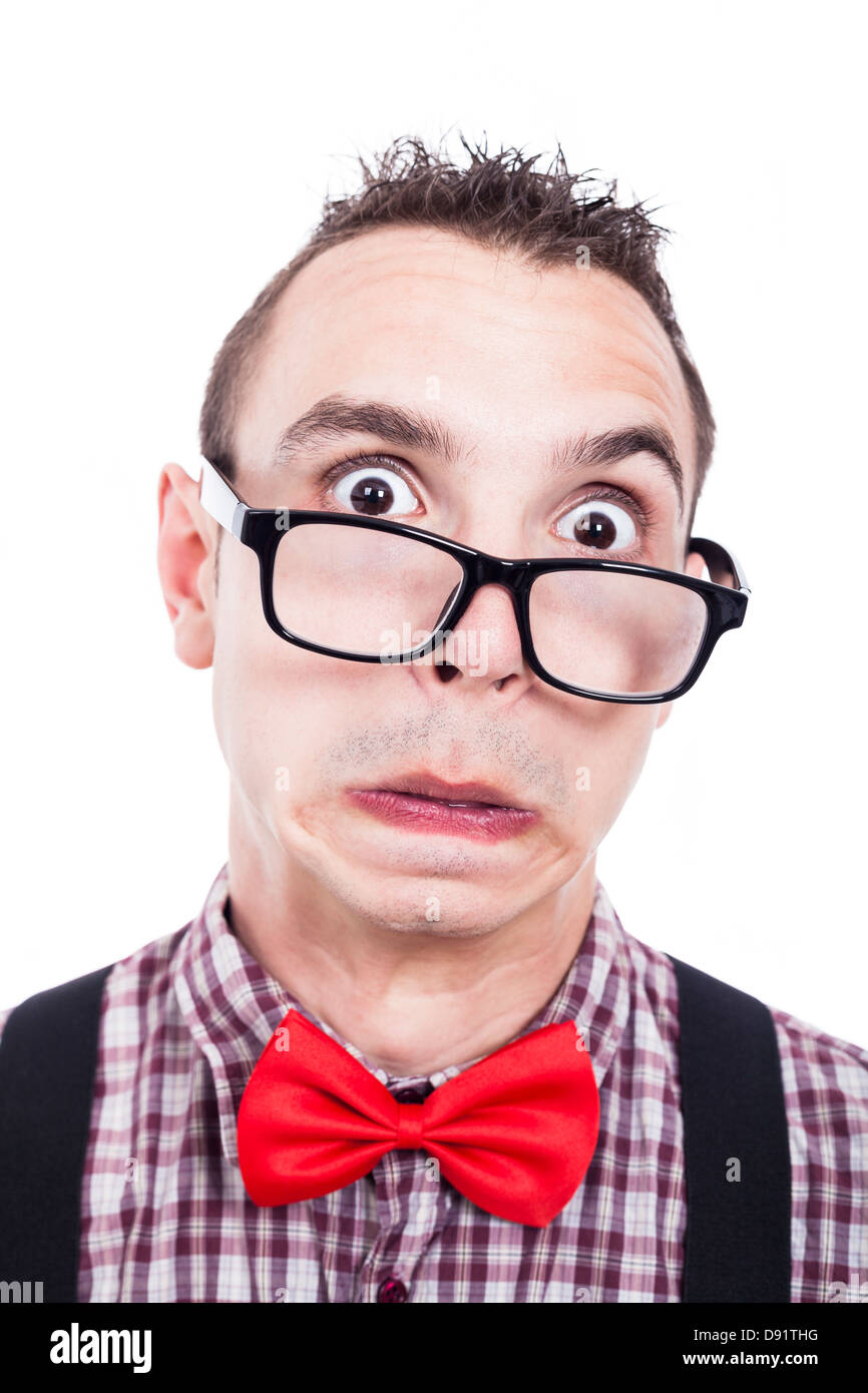 Shocked nerd man making funny face, isolated on white background Stock Photo