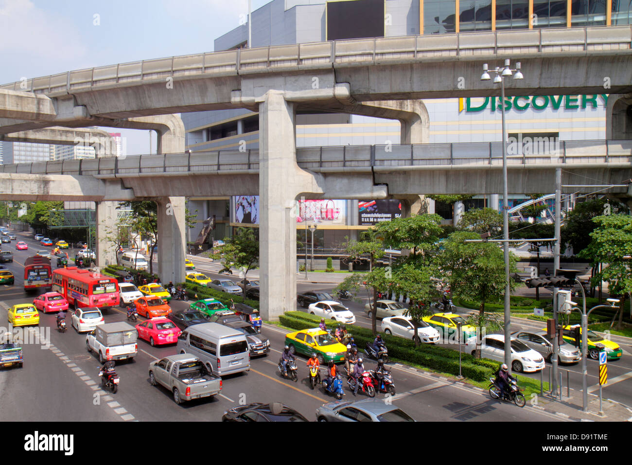 Thailand,Thai,Bangkok,Pathum Wan,Phaya Thai Road,traffic,taxi taxis,cab,cabs,motorcycles,motor scooters,bus,coach,Skywalk,view,overhead,aerial overhea Stock Photo