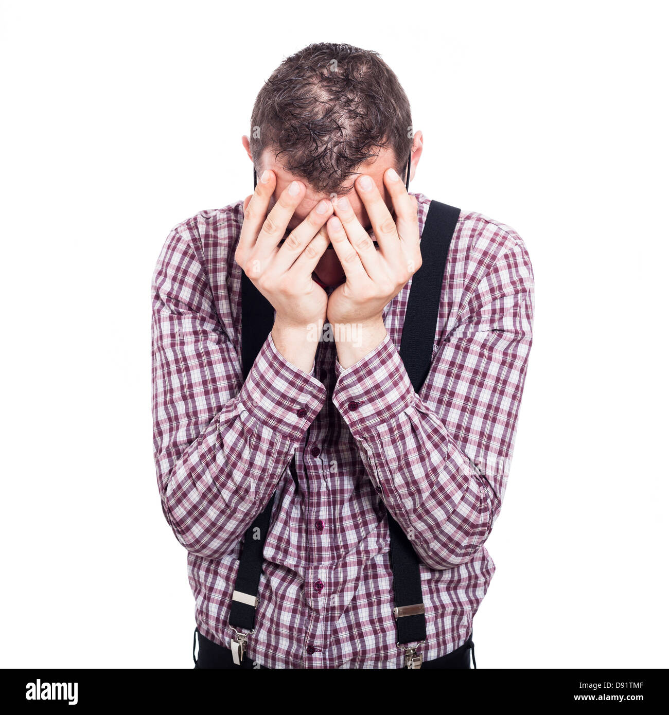 Unhappy depressed man, isolated on white background Stock Photo