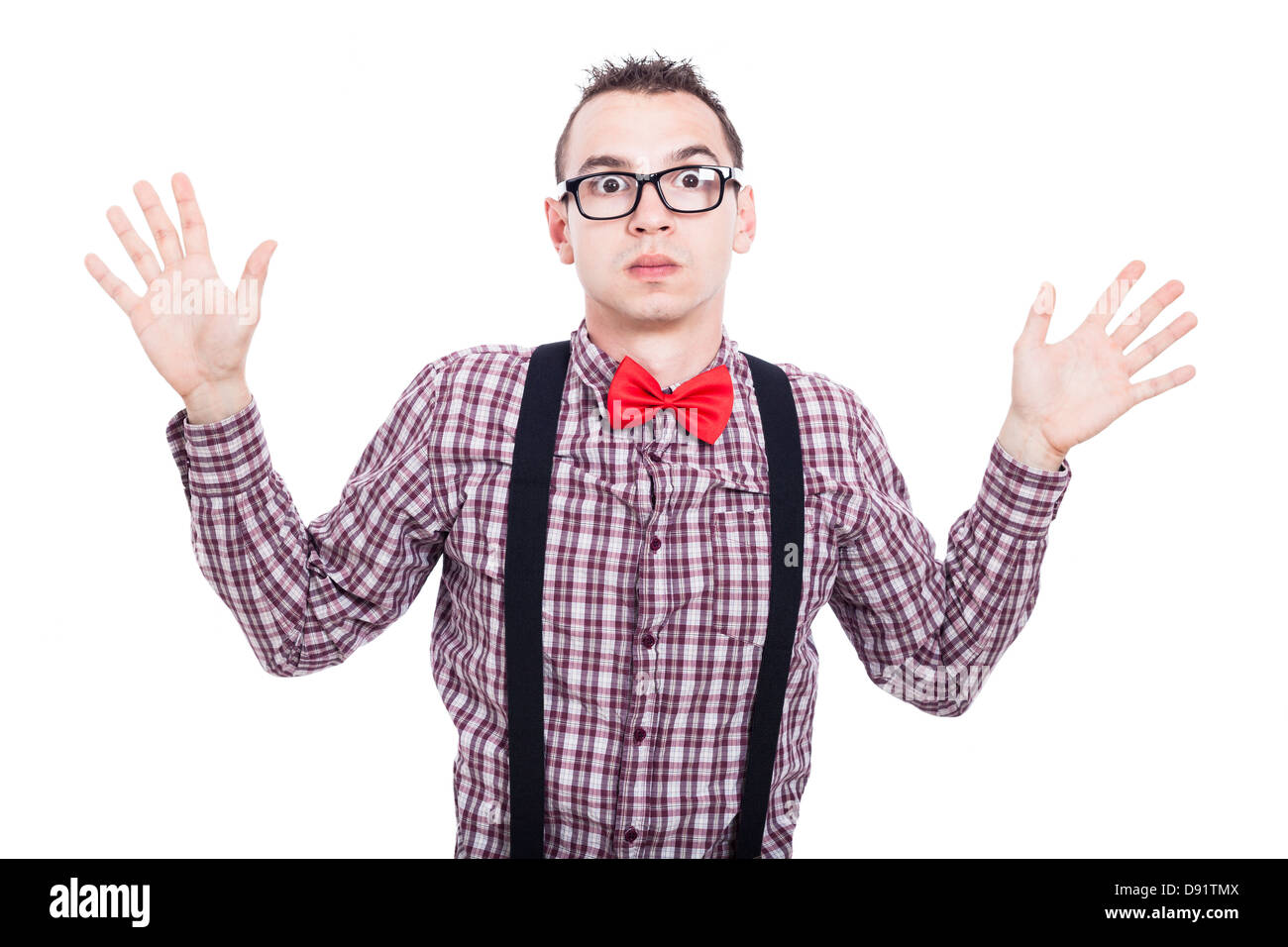 Portrait of shocked nerd man, isolated on white background Stock Photo