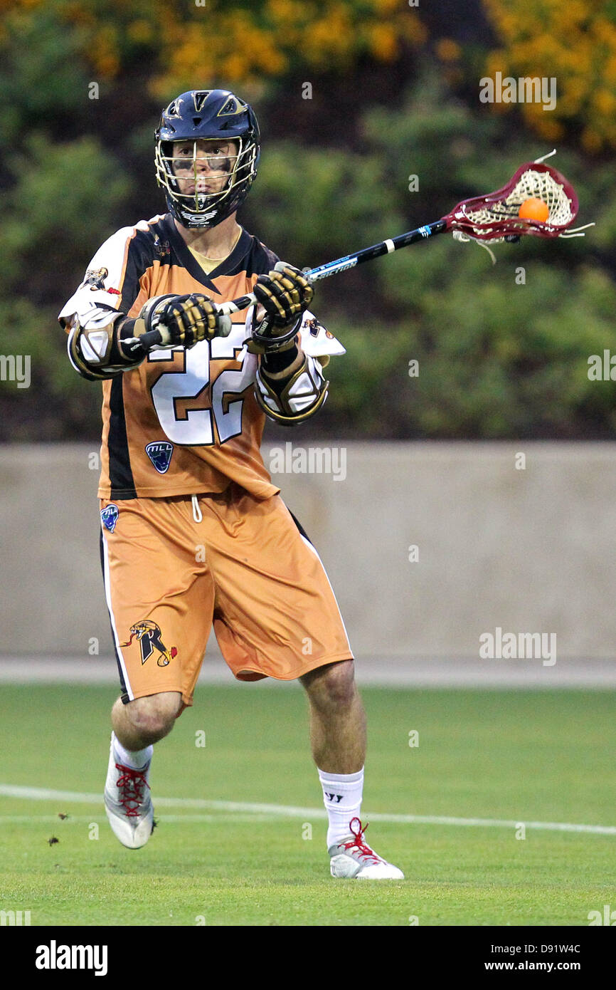 June 7, 2013: Rochester's Ned Crotty (22) in action during the MLL game between the Rochester Rattlers and the Boston Cannons, played at Kennesaw State's Fifth Third Bank Stadium in Kennesaw, Georgia. Rochester scored the last 3 goals of the game to defeat Boston, 16-14, in the MLL's debut in the state of Georgia. Stock Photo