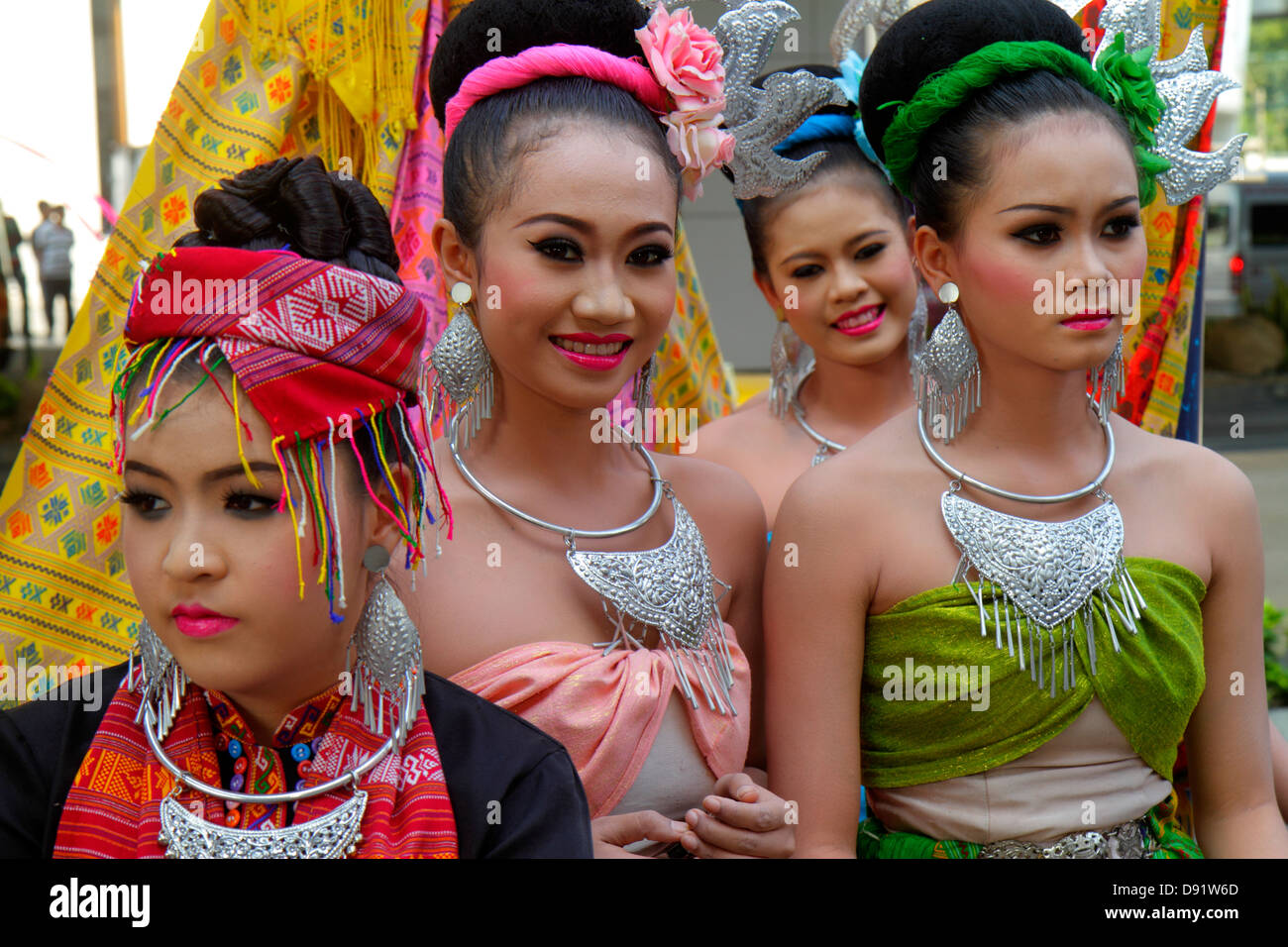 Thailand,Thai,Bangkok,Pathum Wan,Phaya Thai Road,MBK Center,centre,complex,show,performance,performers,student students,dance troupe,dancers,regalia,c Stock Photo