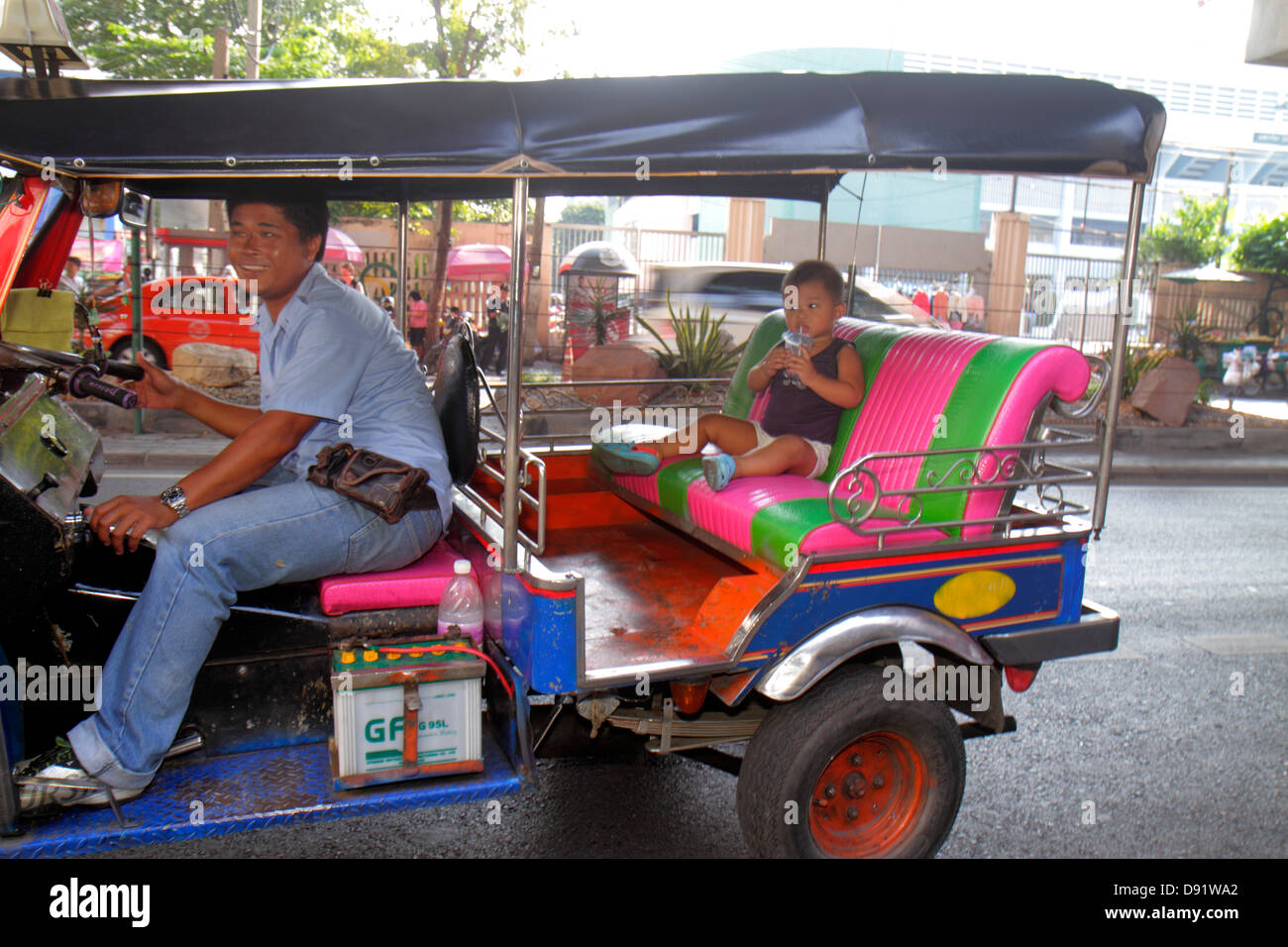 Bangkok Thailand,Thai,Pathum Wan,Rama 1 Road,auto rickshaw,tuk-tuk,sam-lor,taxi,Asian Asians ethnic immigrant immigrants minority,adult adults man men Stock Photo