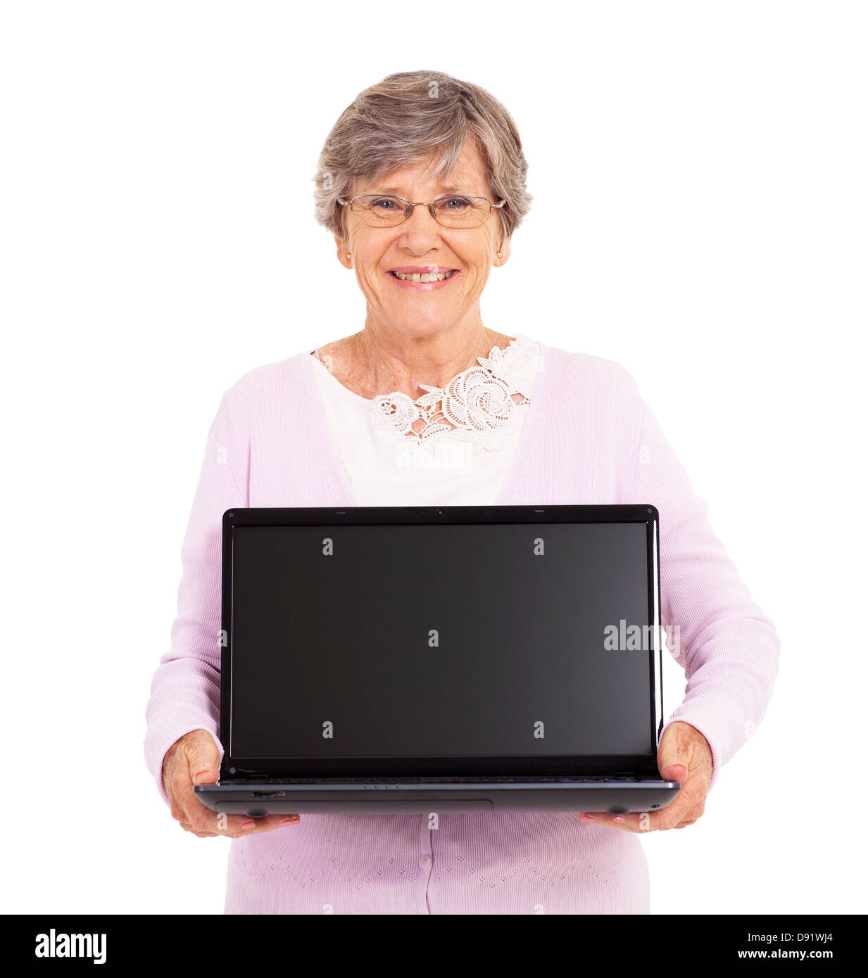 senior woman holding a laptop computer isolated on white Stock Photo ...