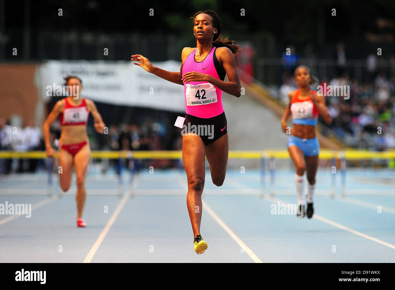 08.06.2013 Torino, Italy. Dalila Muhammad of the USA wins the 400 m hurdles during the International Athletics meeting Memorial Primo Nebiolo from the Stadio Primo Nebiolo. Stock Photo