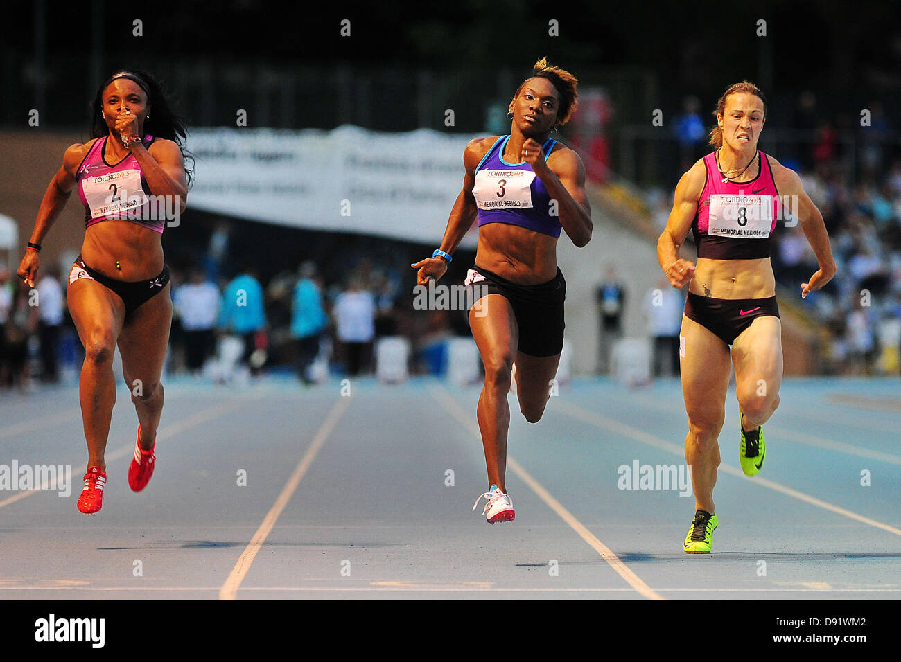 08.06.2013 Torino, Italy. Chauntae Bayne of the USA wins 100m before Olesya Povh of Ukraine and Aleen Bailey of the USA during the International Athletics meeting Memorial Primo Nebiolo from the Stadio Primo Nebiolo. Stock Photo