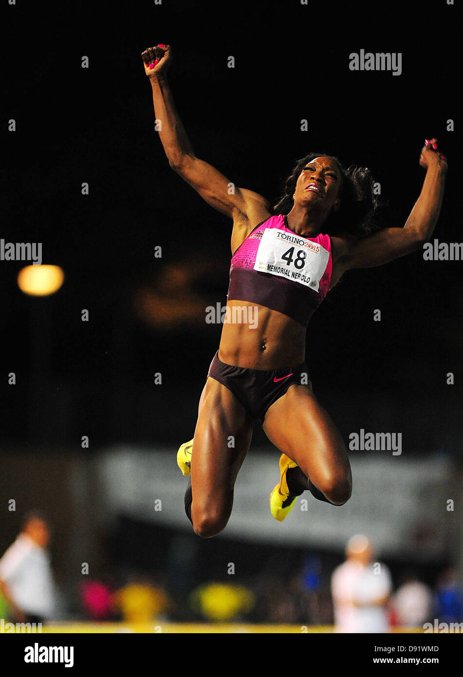 08.06.2013 Torino, Italy. Funmi Jimoh of the USA wins the Womes Long Jump during the International Athletics meeting Memorial Primo Nebiolo from the Stadio Primo Nebiolo. Stock Photo