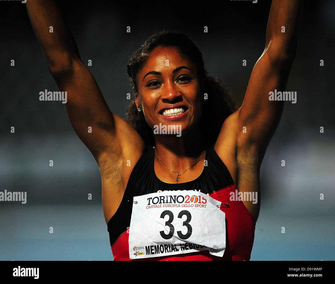 08.06.2013 Torino, Italy. Queen Harrison of the USA wins the Womens 100m hurdles during the International Athletics meeting Memorial Primo Nebiolo from the Stadio Primo Nebiolo. Stock Photo