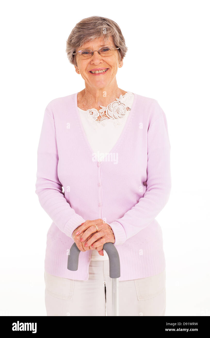 happy elderly lady with walking cane isolated on white Stock Photo