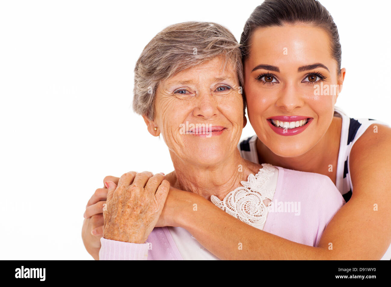 happy senior mother and adult daughter closeup portrait on white Stock Photo