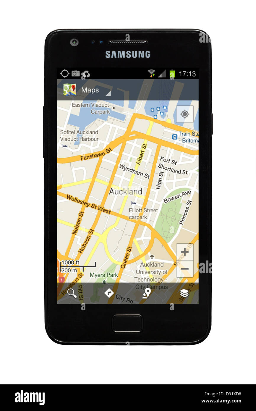 Samsung Galaxy S2 smartphone with Google map of Auckland New Zealand on display. Stock Photo