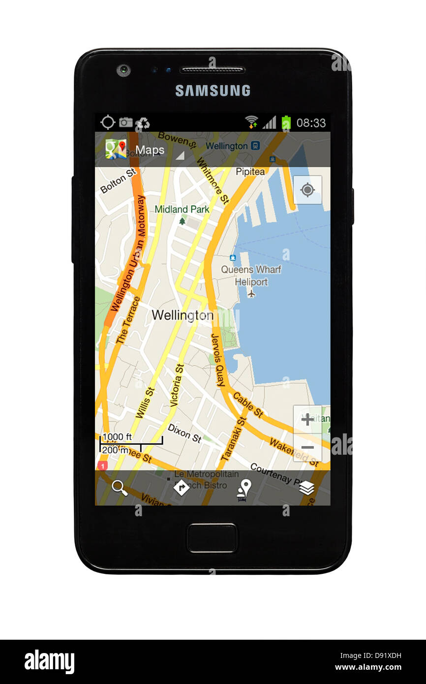 Samsung Galaxy S2 smartphone with Google map of Wellington New Zealand on display. Stock Photo