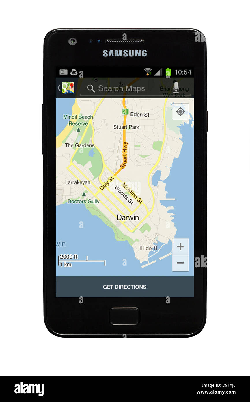 Samsung Galaxy S2 smartphone with Google map of Darwin, Australia on display. Stock Photo