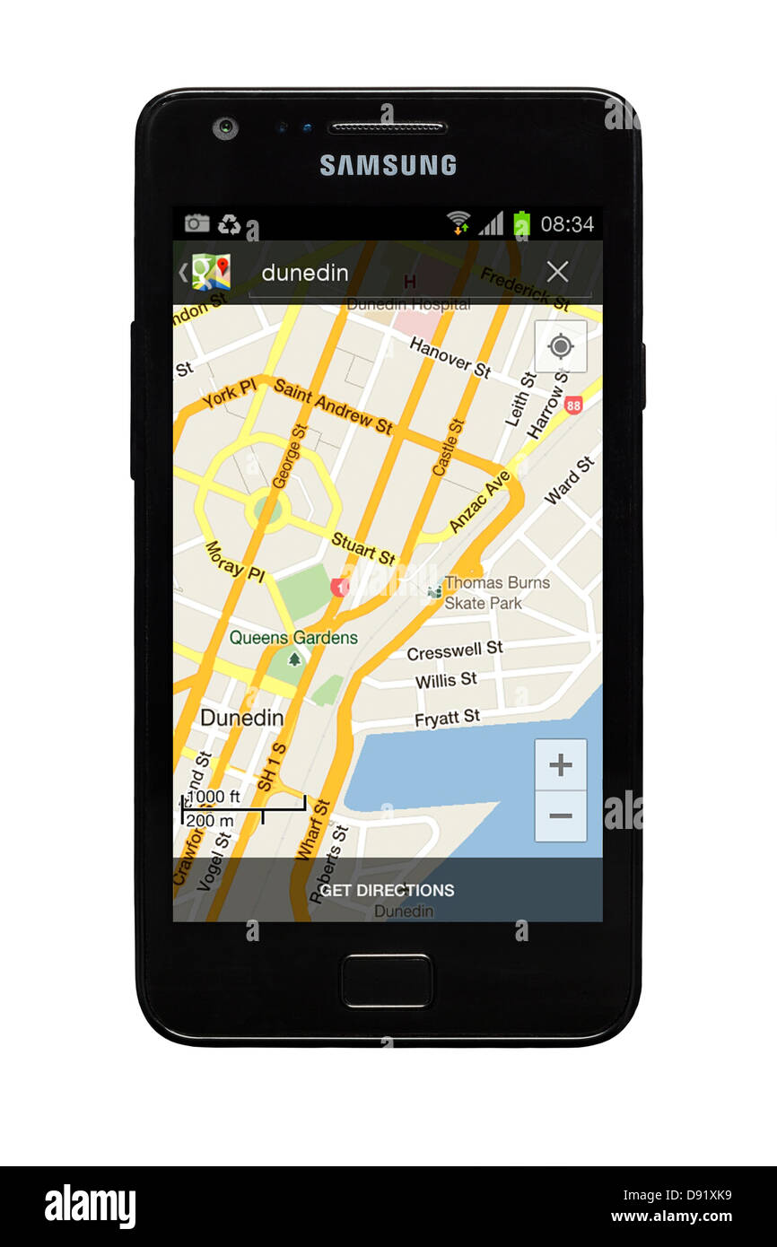 Samsung Galaxy S2 smartphone with Google map of Dunedin, New Zealand on display. Stock Photo