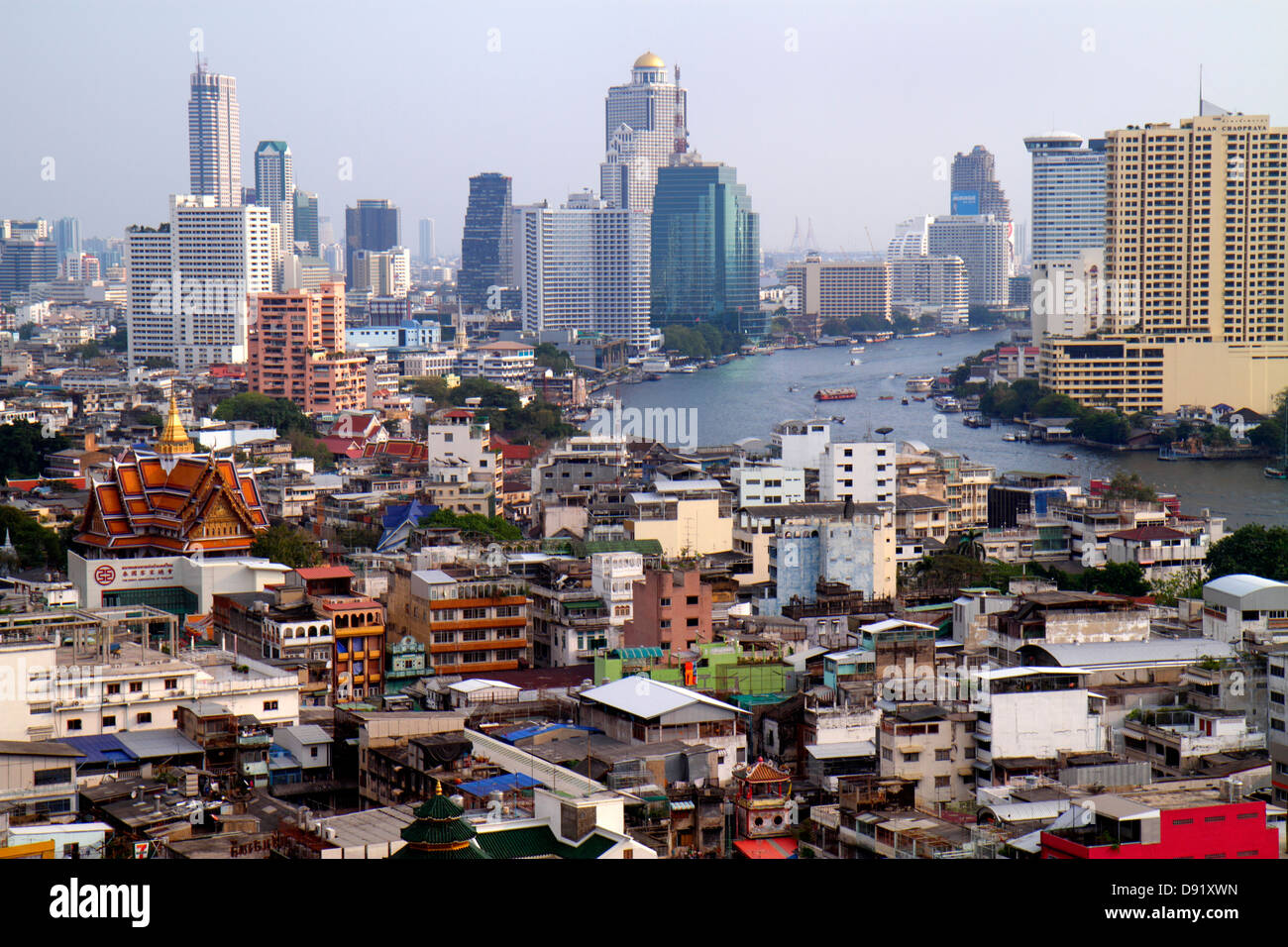 Bangkok Thailand,Thai,Samphanthawong,Chinatown,aerial overhead view from above,view,buildings,urban,city skyline,skyscrapers,Chao Phraya River,temple, Stock Photo
