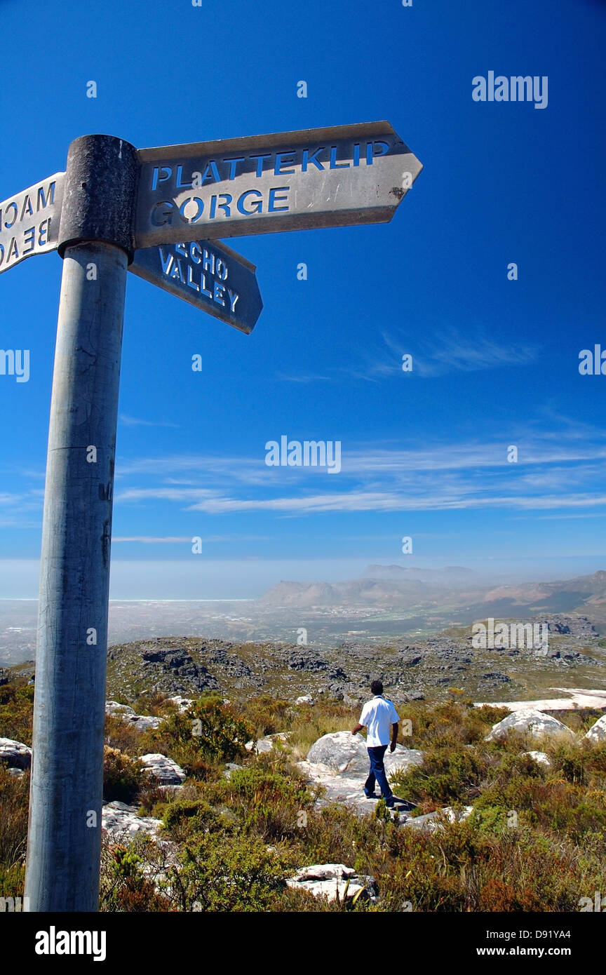 Signpost for walking tracks to Echo Valley and Platteklip Gorge, Table Mountain National Park, Cape Town, South Africa Stock Photo