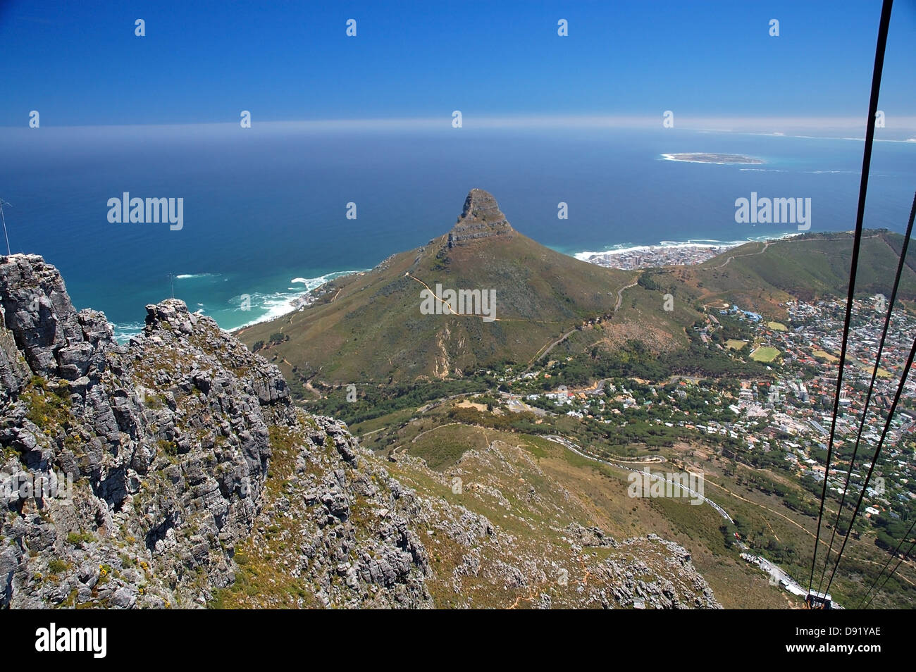 Lion's Head, Robben Island and city from the Table Mountain cable car, Table Mountain National Park, Cape Town, South Africa Stock Photo