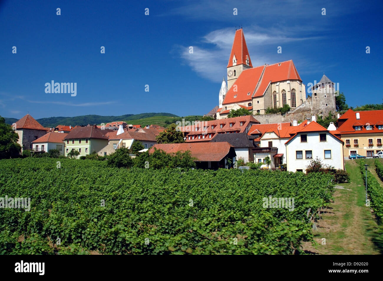 Vineyards surrounding the old town of Weisskirchen, in the Wachau region of Austria Stock Photo