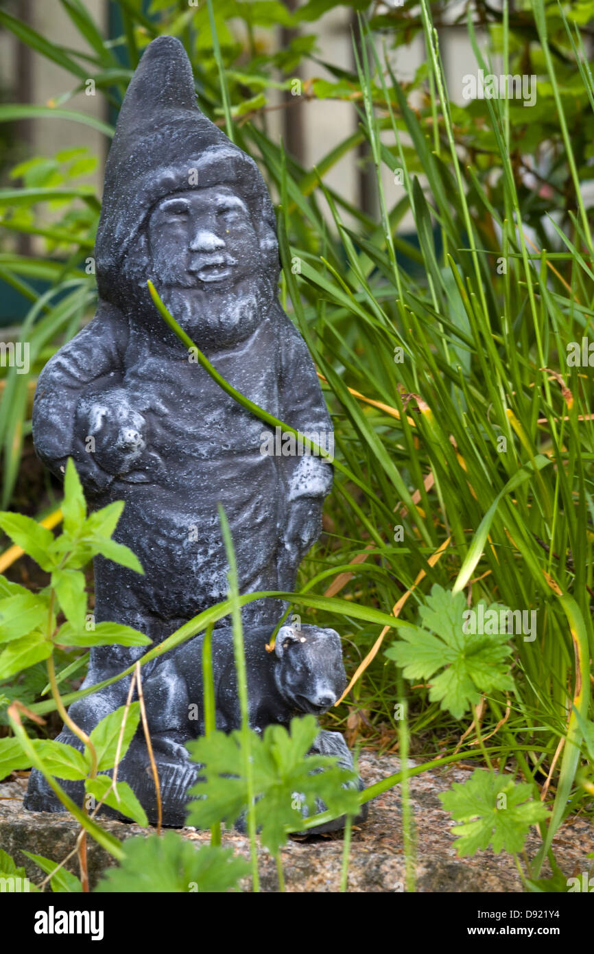 A garden gnome in amongst wild flowers Stock Photo