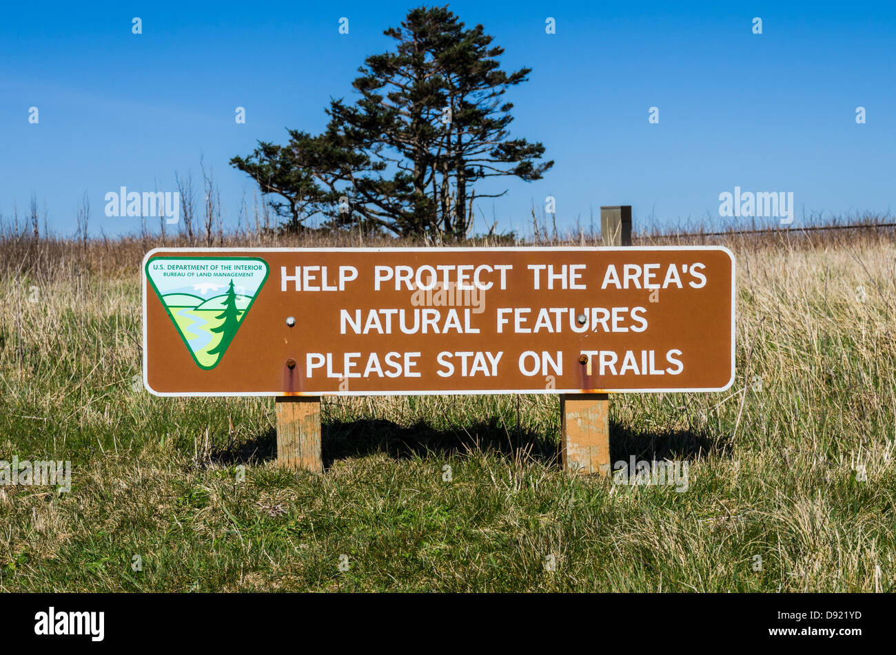 Newport Oregon United States. Yaquina Head Outstanding Natural Area protective sign Stock Photo