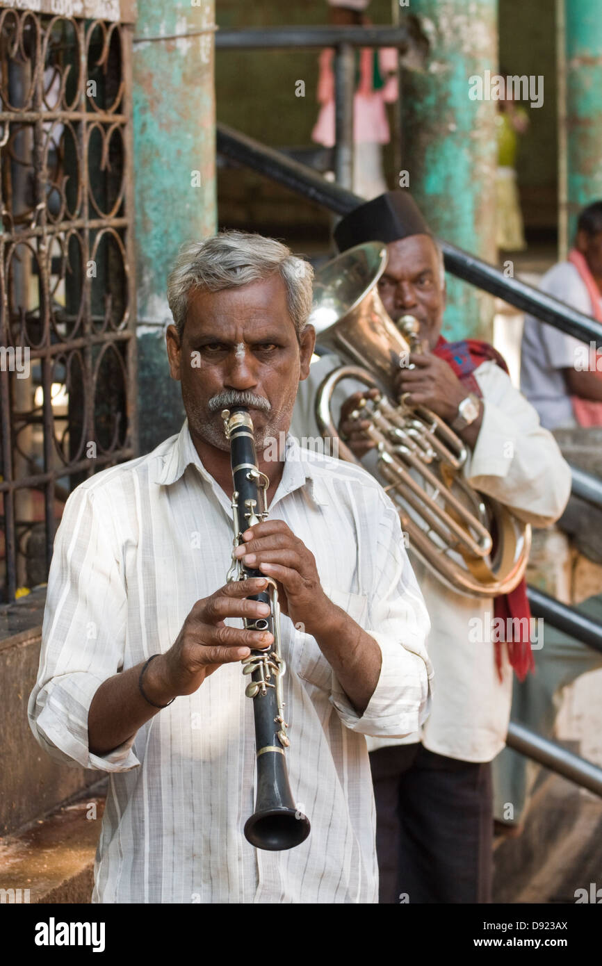 Asia, India, Karnataka, Mahakuta, two Indian musicians with their instruments Stock Photo