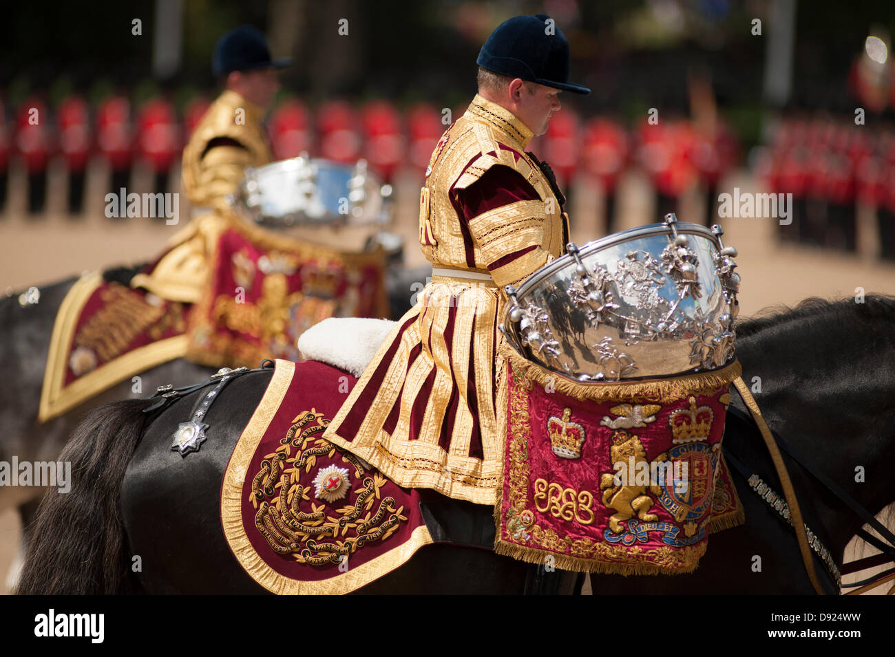 Westminster, London, UK. 8th June, 2013. The Colour of the 1st Battalion Welsh Guards is trooped in the presence of HRH The Prince of Wales. There are more than 200 horses on parade, and more than 400 musicians from all the Household Division Bands & Corps of Drums. Credit:  Malcolm Park/Alamy Live News Stock Photo