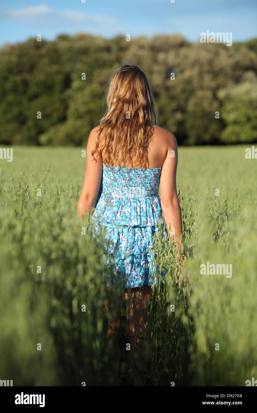 Back view of a blonde woman walking across an oat meadow at sunset Stock Photo