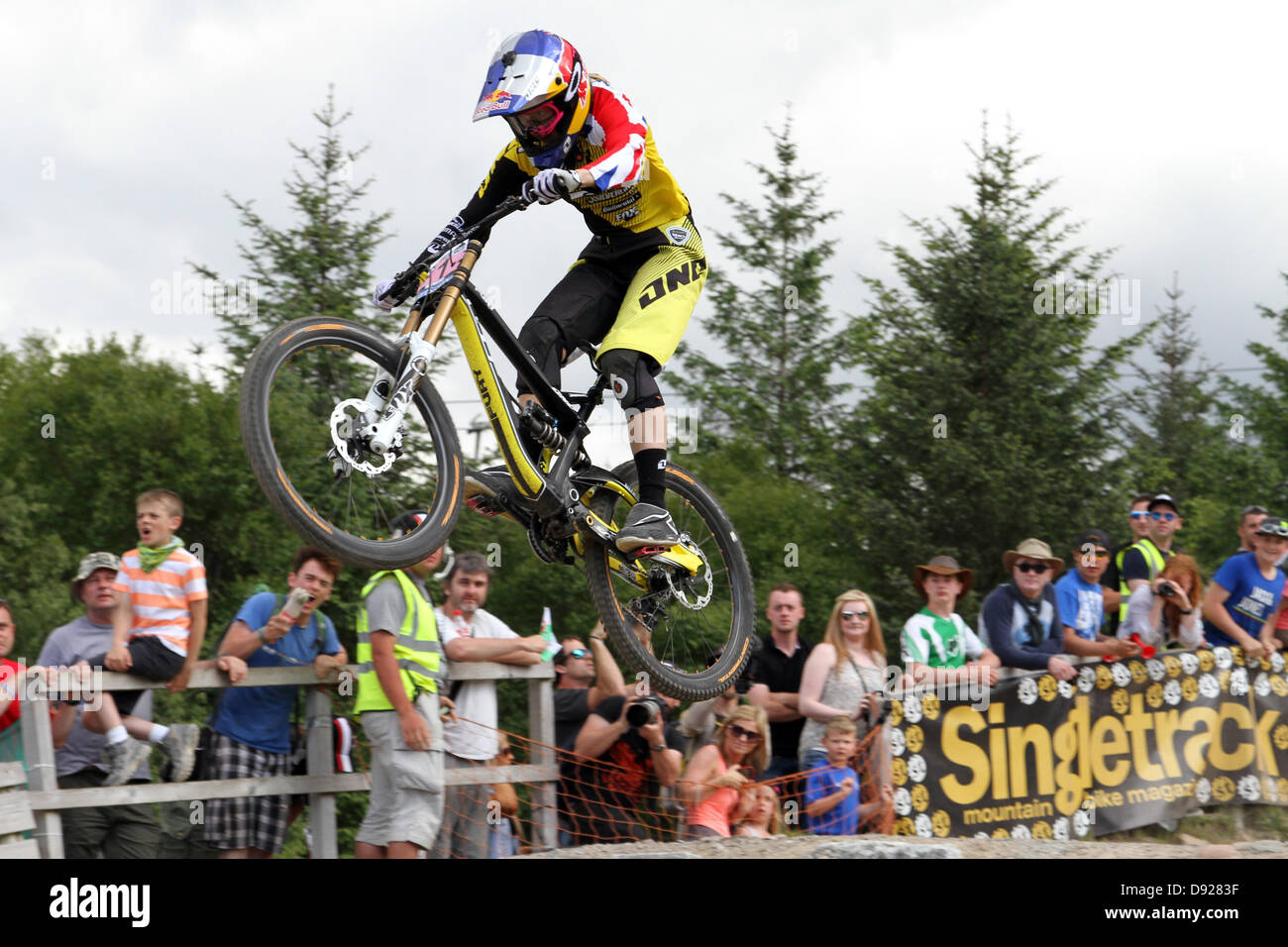 9th June 2013. Fort William, UK. Rachel Atherton jumping into the finishing arena to win Sunday's Downhill Mountain Bike World Cup at Fort William, Scotland. Credit:  Malcolm Gallon/Alamy Live News Stock Photo