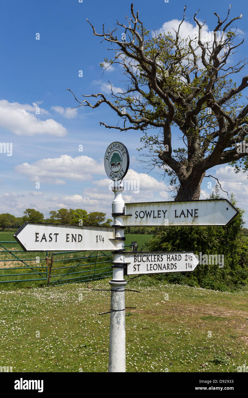 English rural milepost sign in Hampshire near Buckler's Hard and Sowley Lane Stock Photo