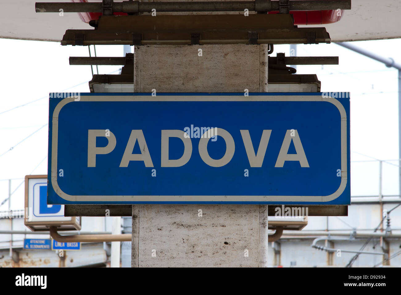 A train station platform sign for Padova, Italy. Stock Photo