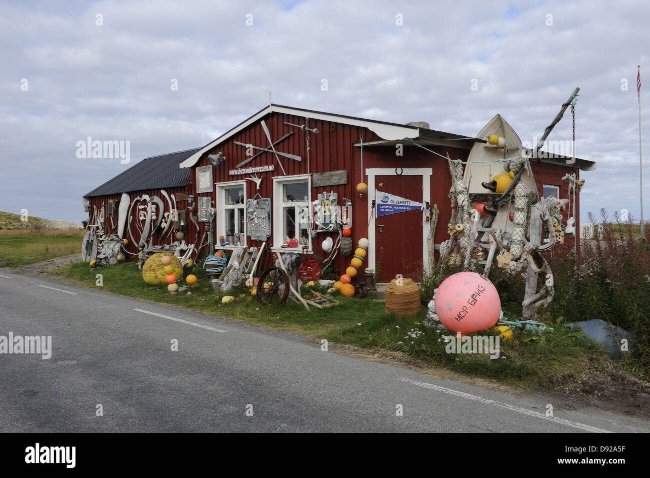 Building with curios objects, Straumes, Lofoten, Nordland, Norway Stock Photo