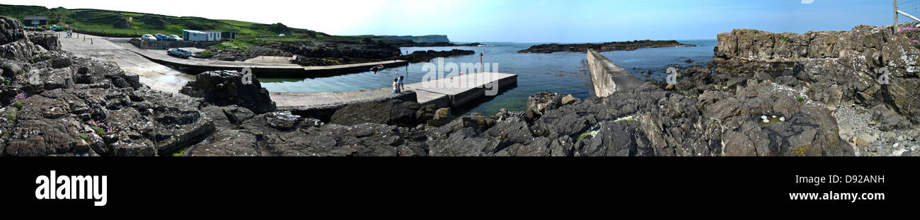 Panorama of Dunseverick harbour, County Antrim, part of the Causeway Coast, North Coast of Antrim Stock Photo