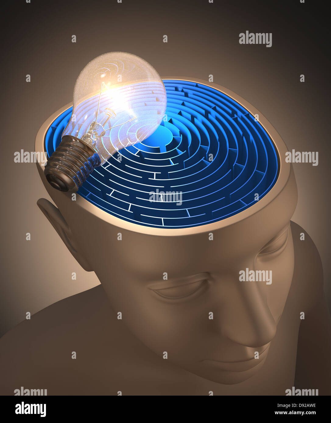Labyrinth inside of the head being lit by a lamp. Stock Photo