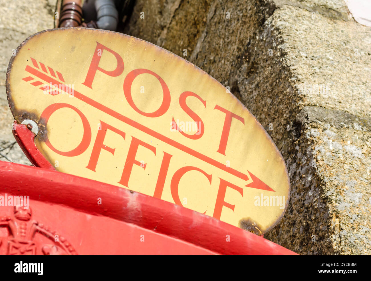 Post Office sign at Mousehole Harbor. Mousehole, Cornwall, England. Stock Photo