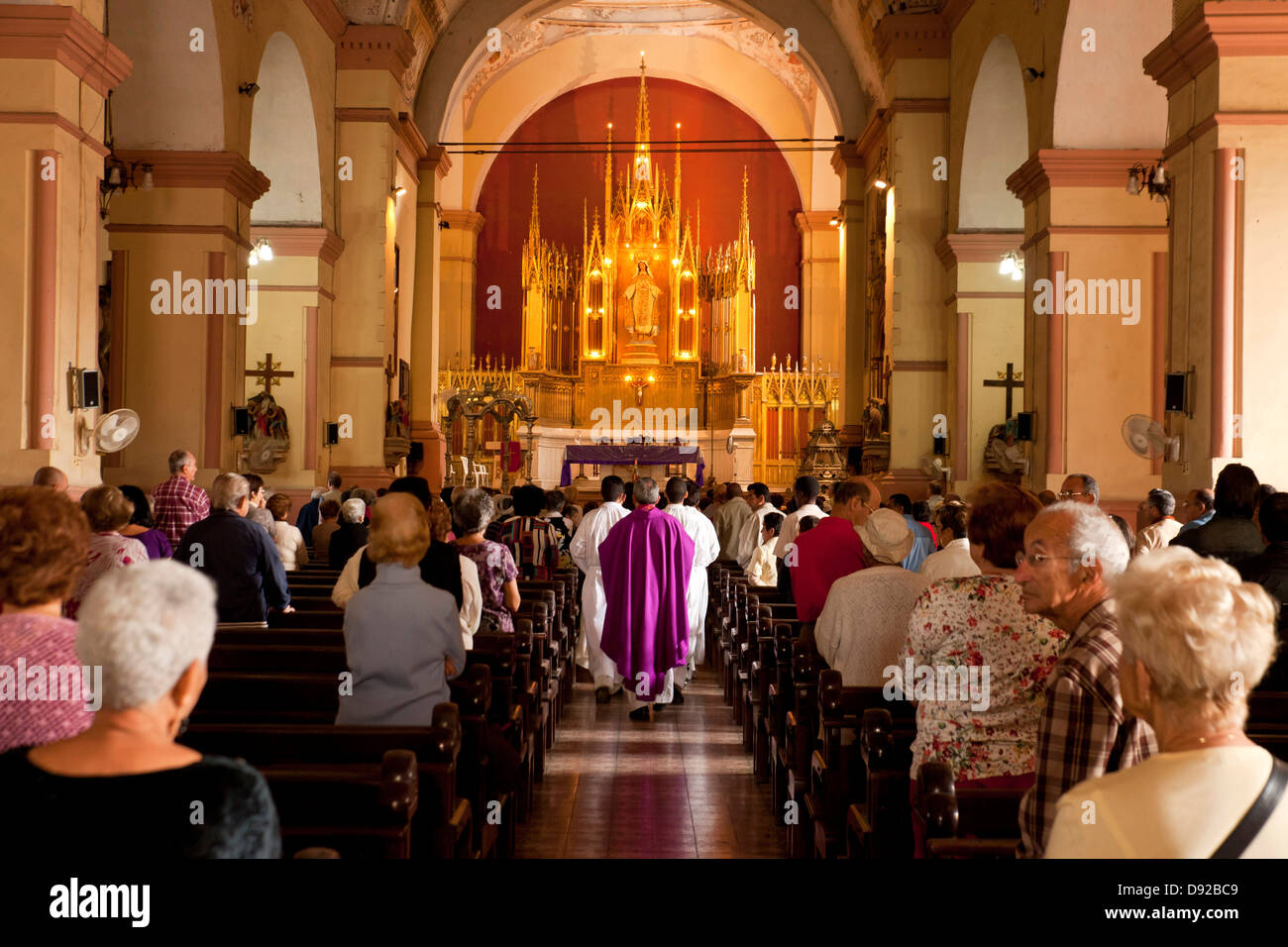 Mass at the church Iglesia de Nuestra Senora de La Merced in Camagüey, Cuba, Caribbean, Stock Photo