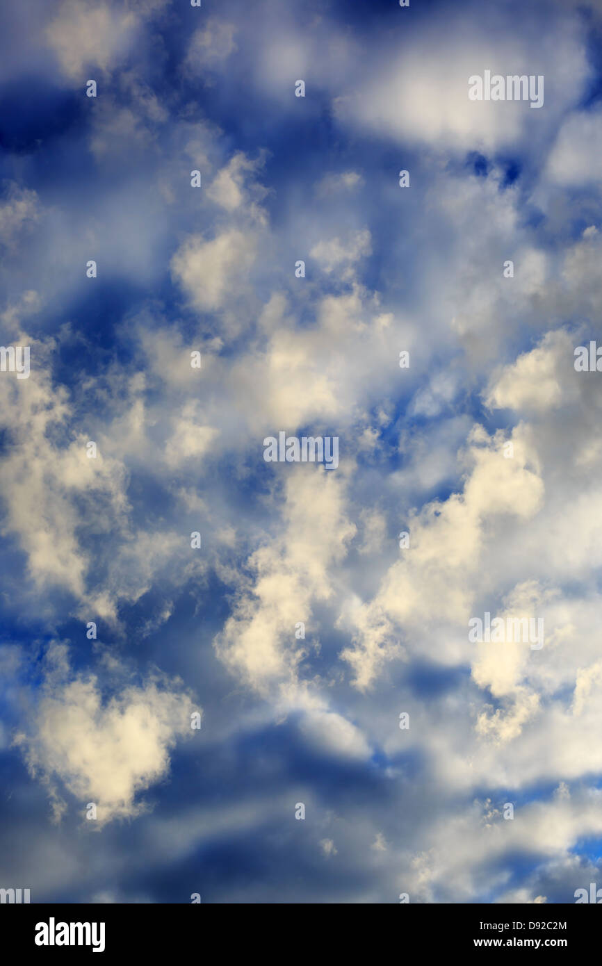 Vertically framed view of some early morning clouds overhead. Stock Photo