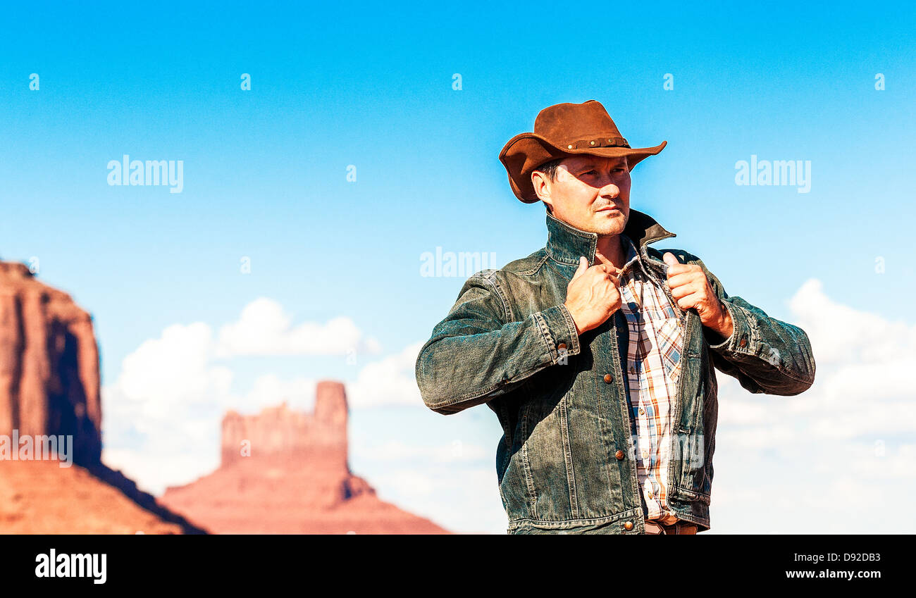 attractive cow boy in famous Monument valley National tribal park, USA Stock Photo