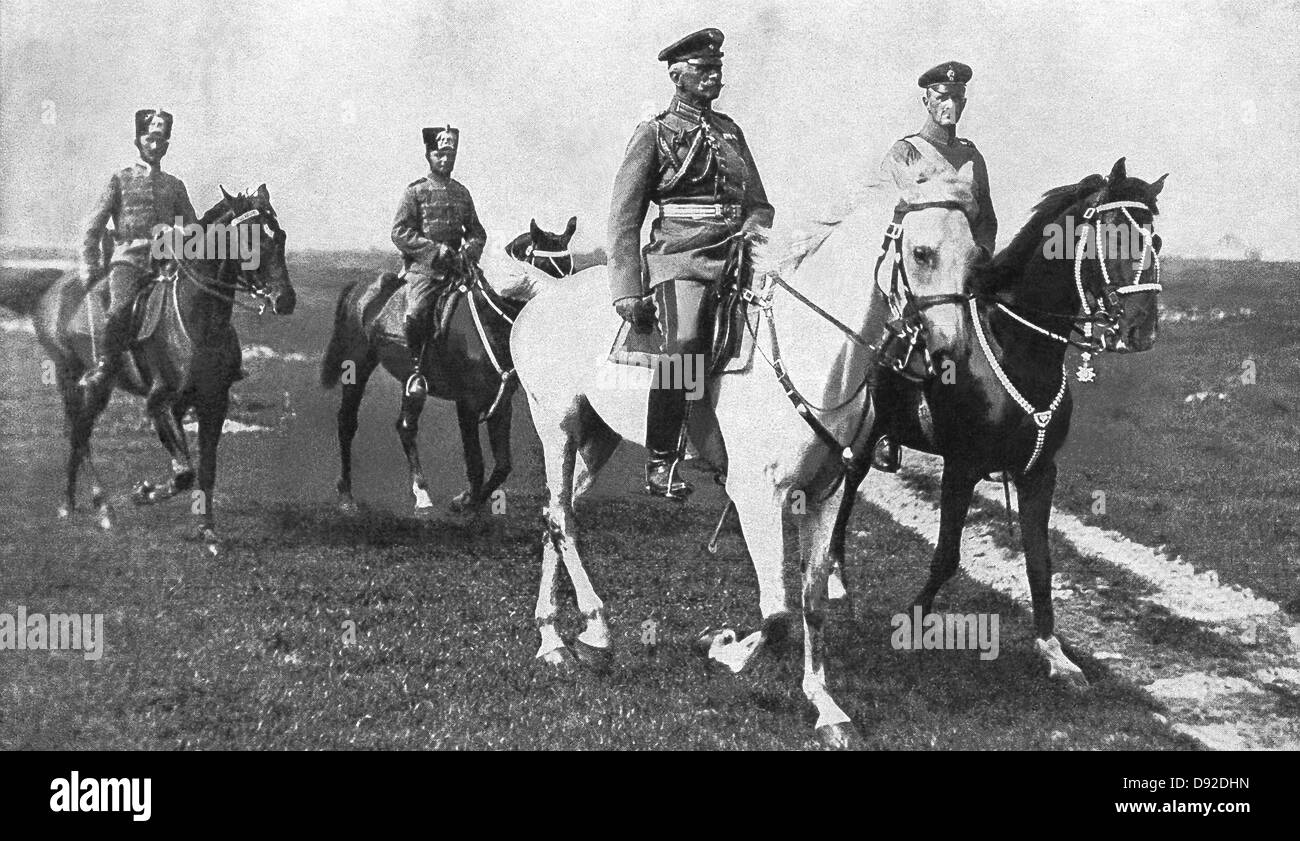 German soldier and field marshal General von Mackensen (on white horse) is seen with his staff in Romania. Stock Photo