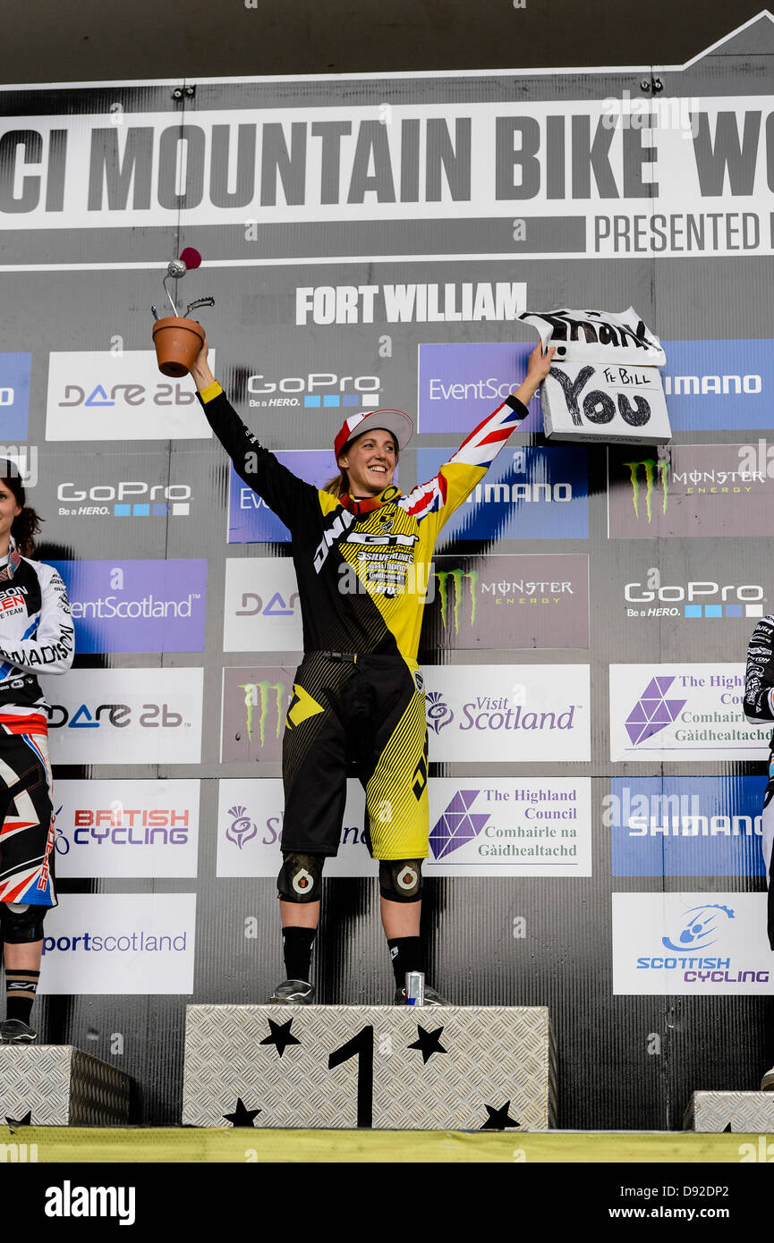 Fort William, UK. 9th June, 2013. Rachel Atherton thanks the crowd as she comes out to claim her top spot after winning the women's downhill during the UCI Mountain Bike World Cup from Fort William. Credit:  Action Plus Sports Images/Alamy Live News Stock Photo