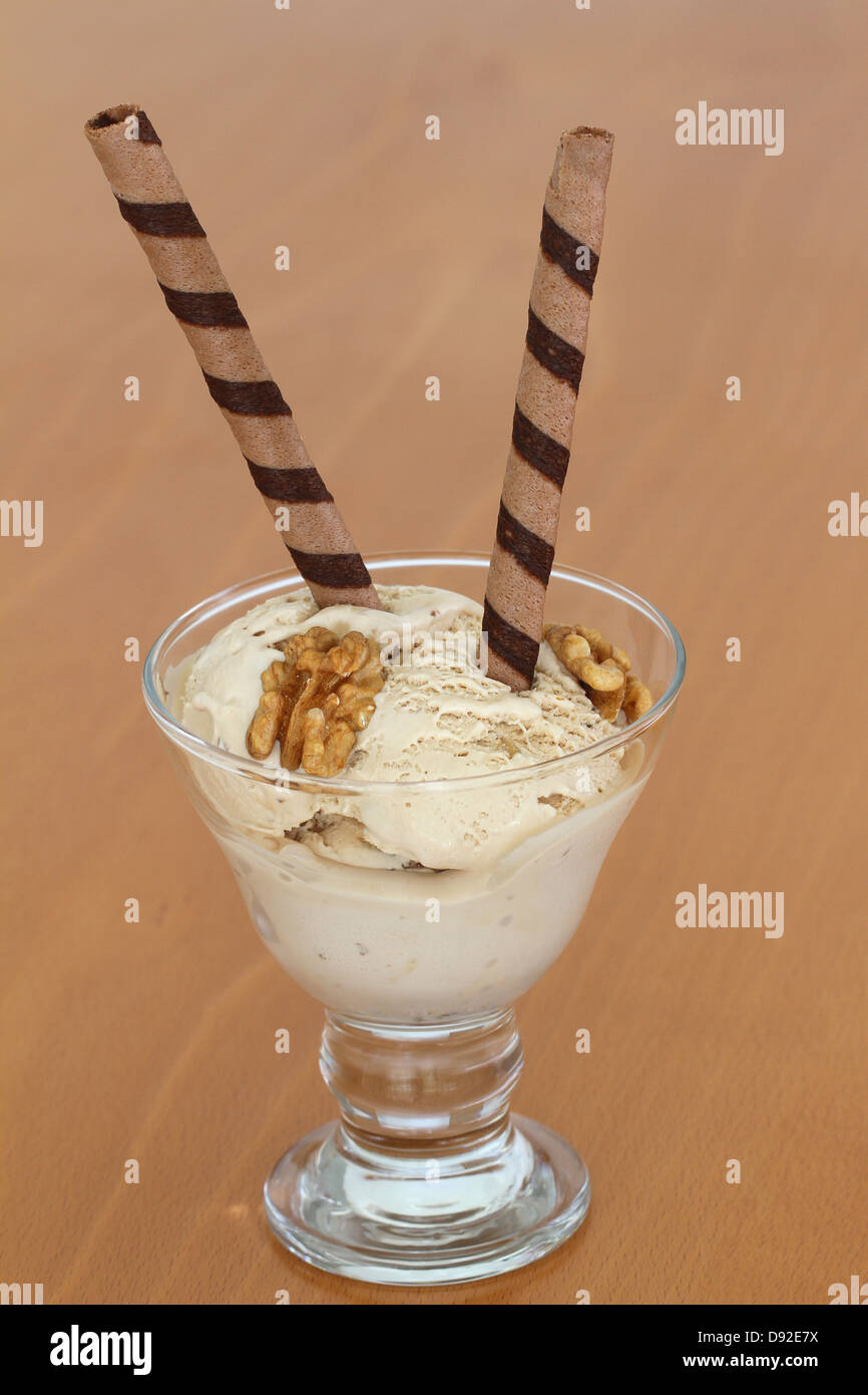 Walnut ice cream dessert with chocolate wafers Stock Photo Alamy
