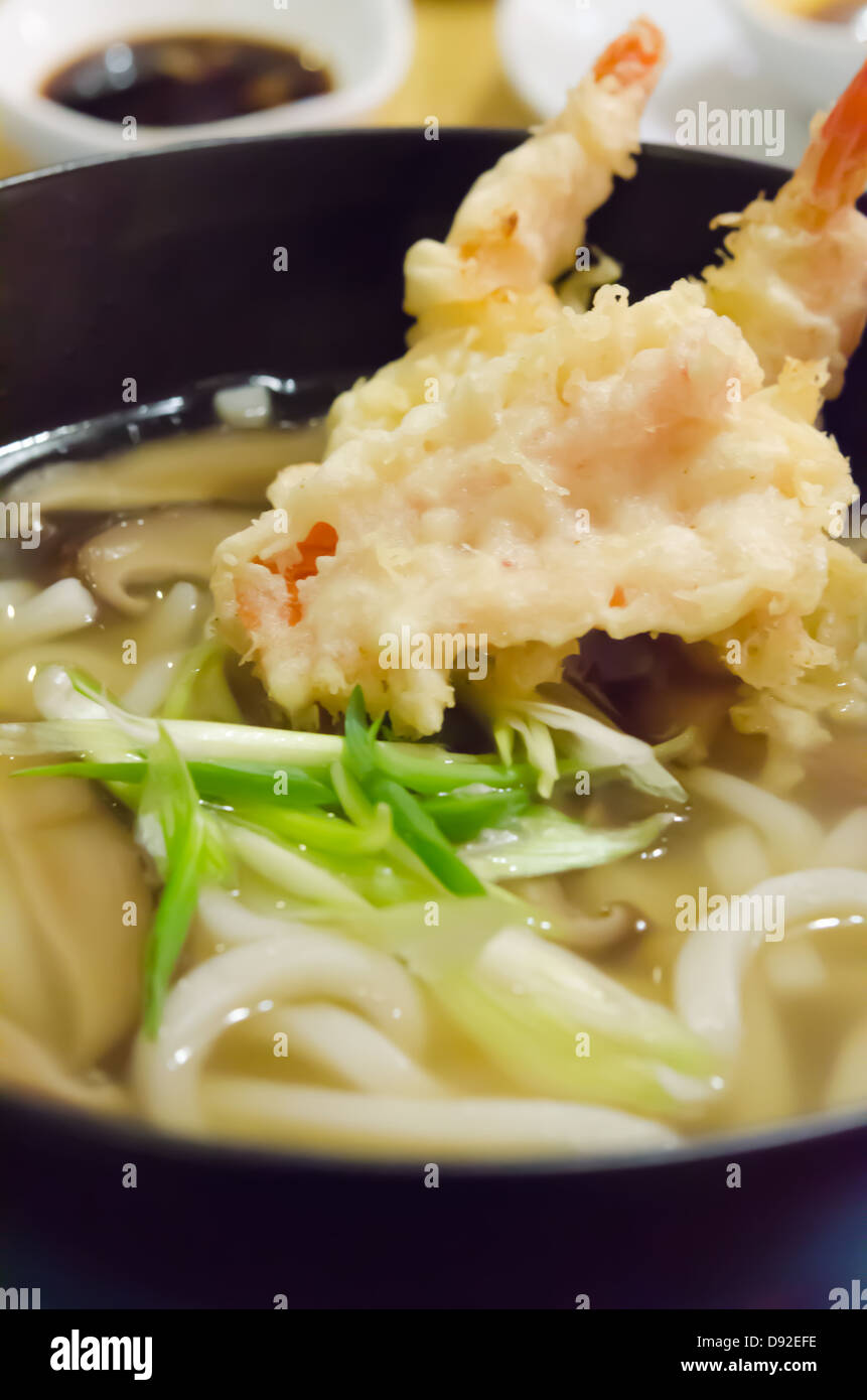 Japanese cuisine, Udon noodles with shrimp tempura Stock Photo