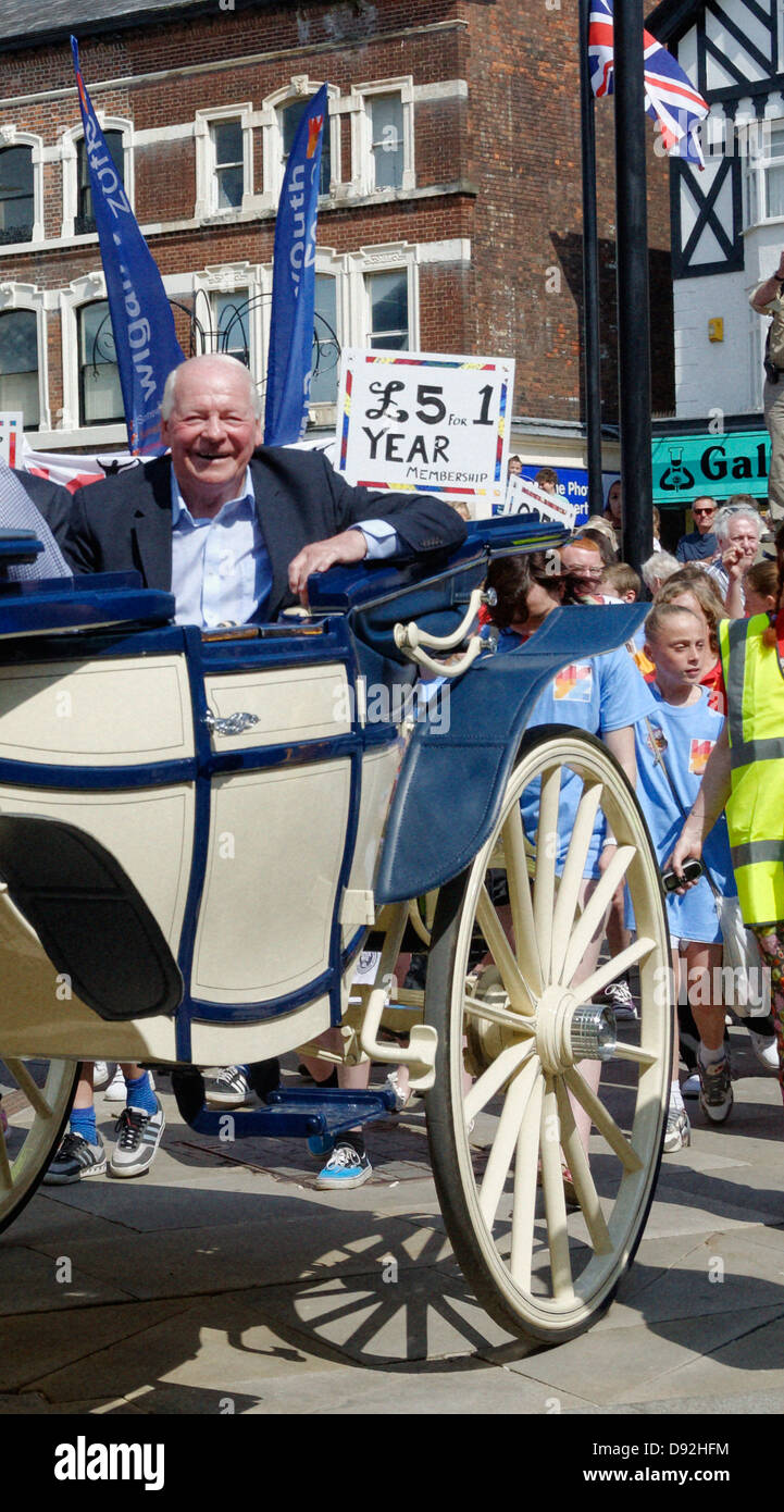 Smiling Wigan athletic owner Dave Whelan in a carraige, Wigan Town Centre, following the FA CUp win Stock Photo