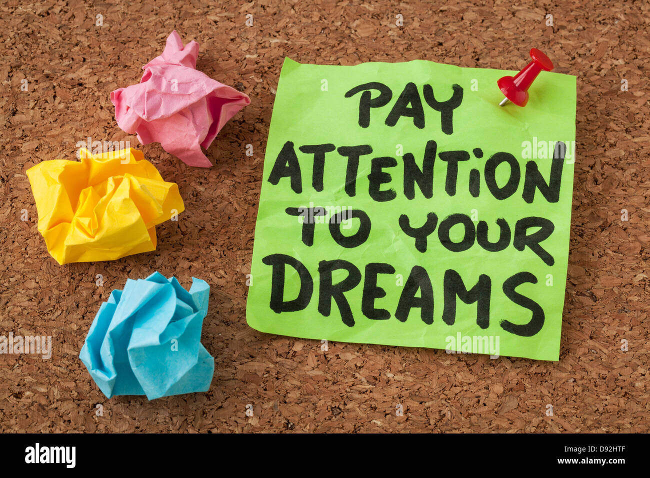 pay attention to your dreams- motivation or self improvement concept - handwriting on colorful sticky notes Stock Photo