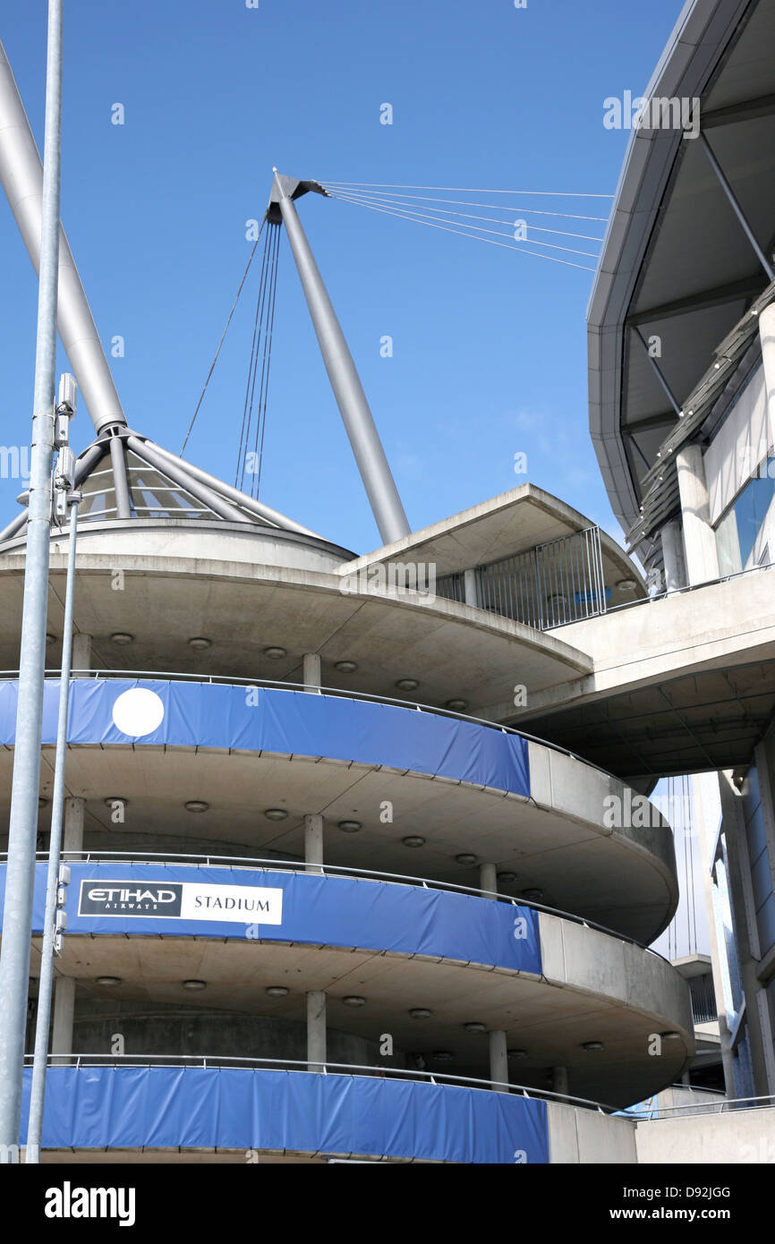Etihad (formerly the City of Manchester) Stadium, home of Manchester City FC with old crest displayed Stock Photo