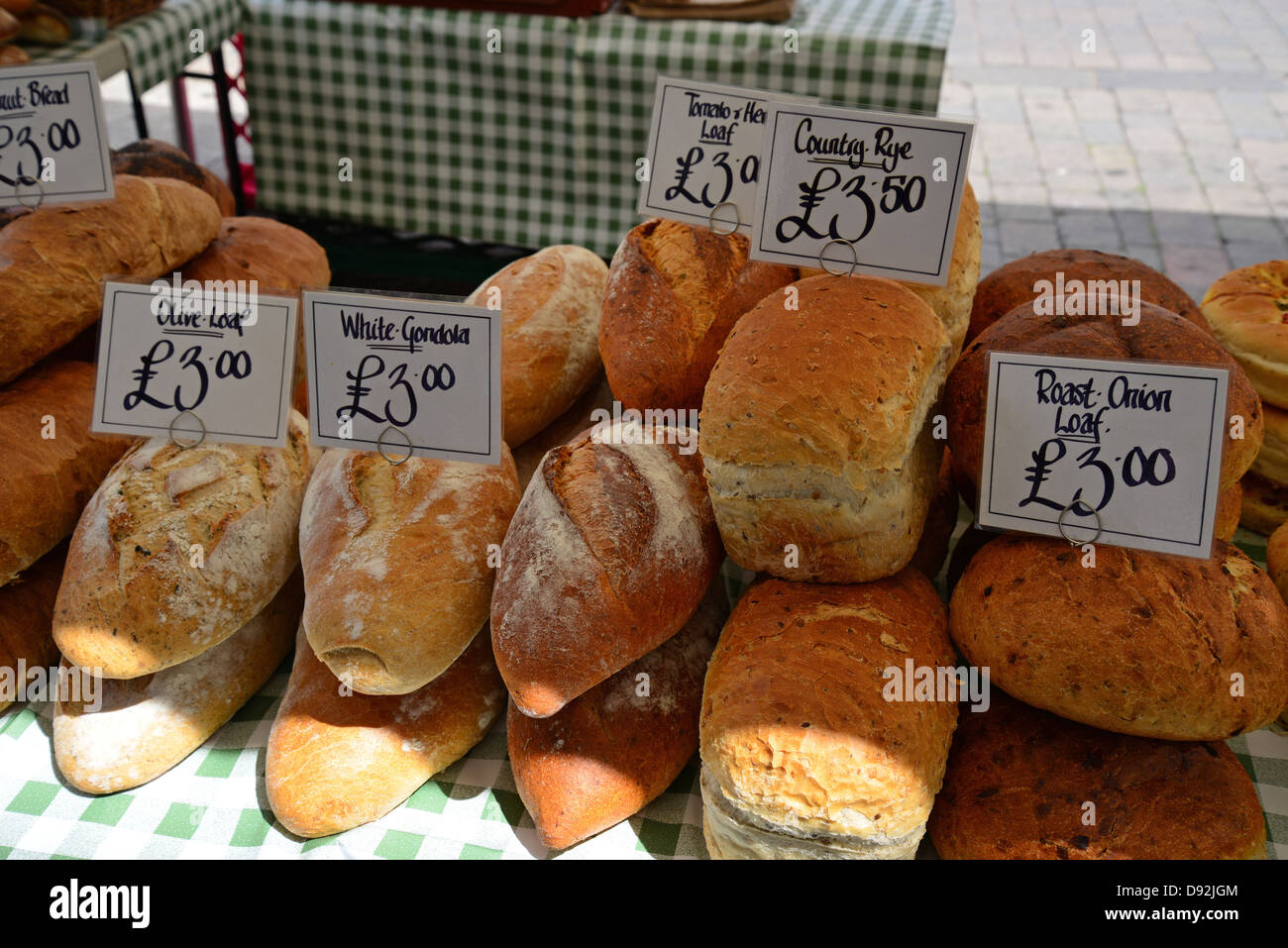 Bread selection on bakery stall at Farmer's Market, Stortford