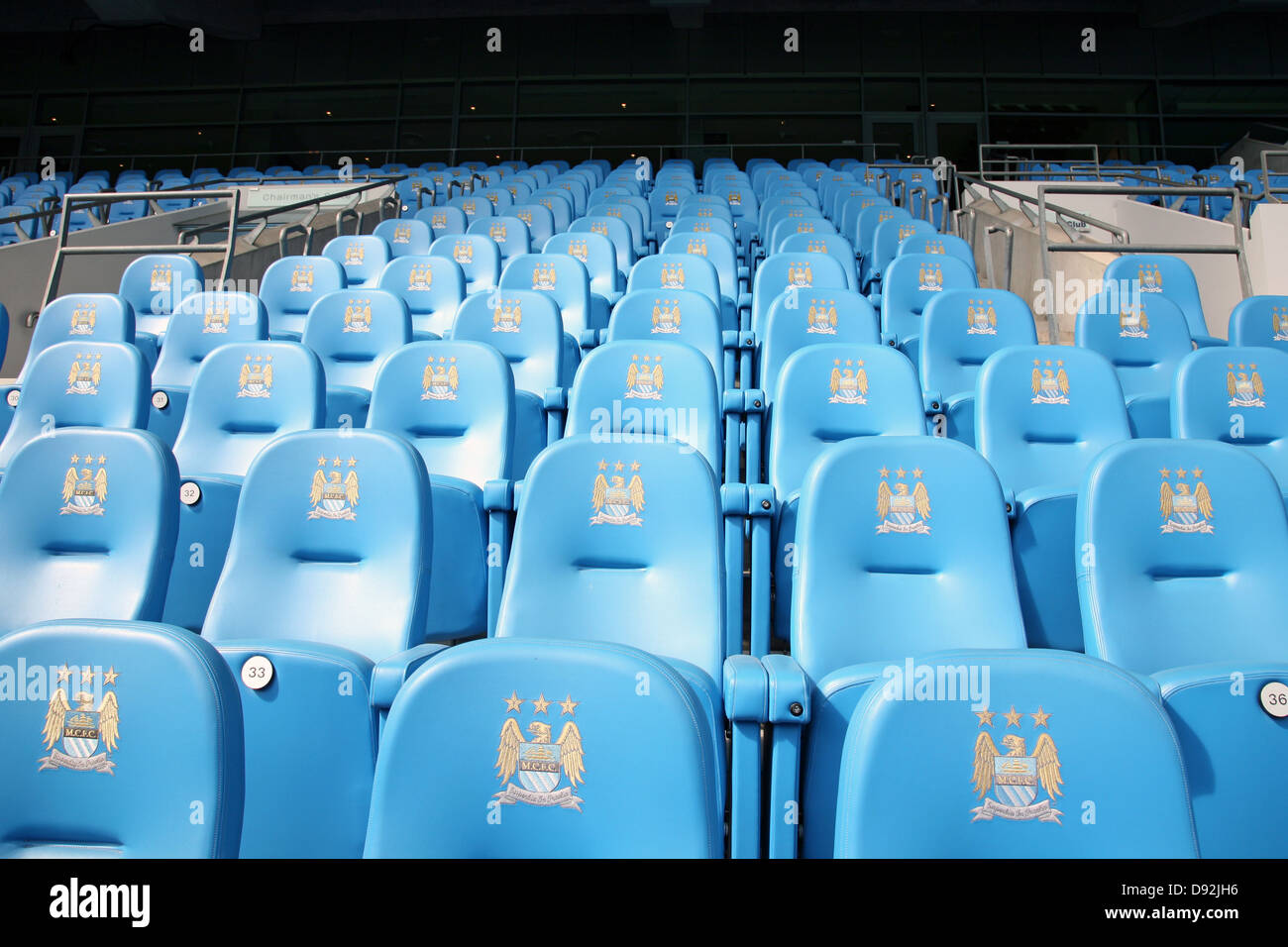 Etihad (formerly the City of Manchester) Stadium, home of Manchester City FC with old crest displayed Stock Photo