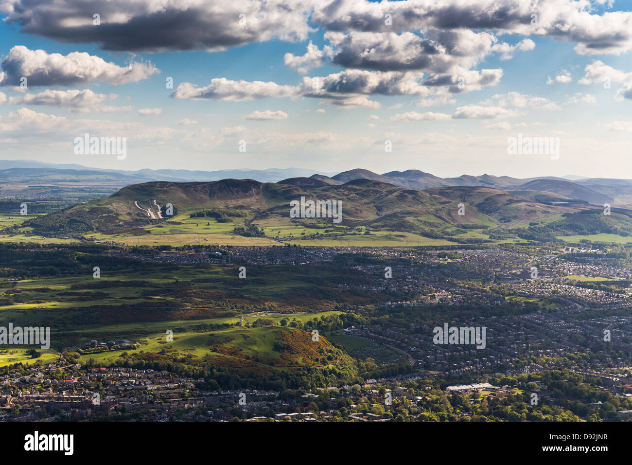 Aerial view over Edinburgh towards the Pentland Hills Stock Photo
